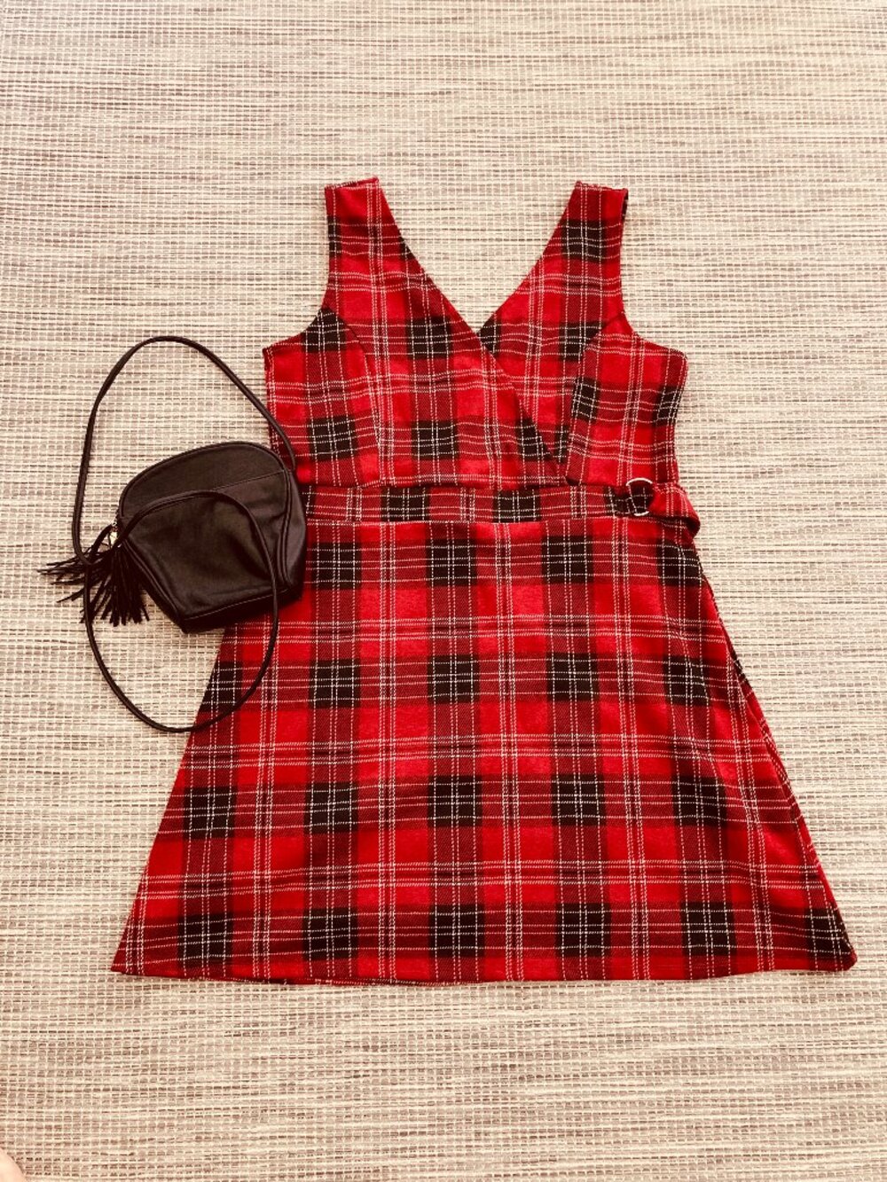 Arizona Jean Company Red Black Tan Plaid Sleeveless Faux Wrap Dress X Large